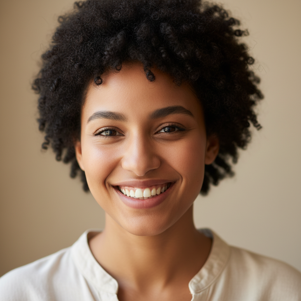 Moroccan woman with dark hair, professional appearance, light background, natural smile, warm lighting