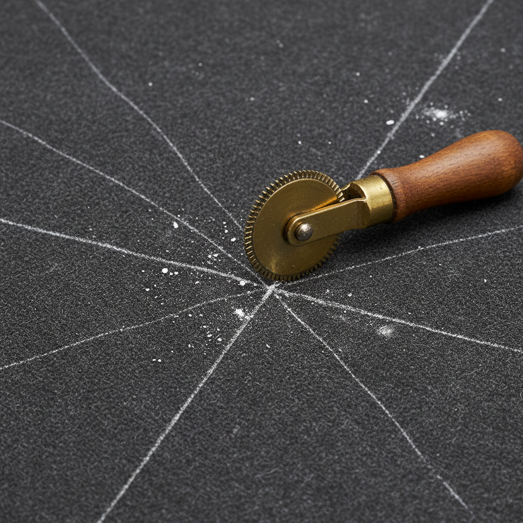 Tailor chalk lines drawn across dark fabric with a tracing wheel