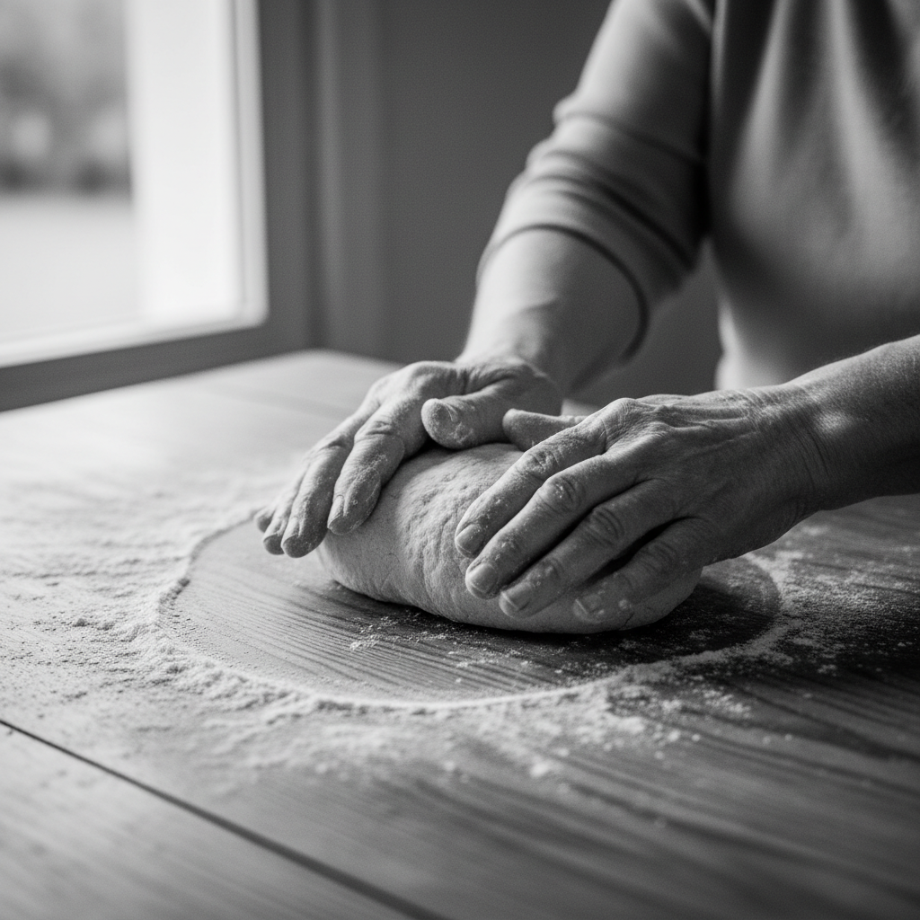 Black and white photograph of grandmother's hands rolling dough on a floured wooden surface in a Poltava kitchen