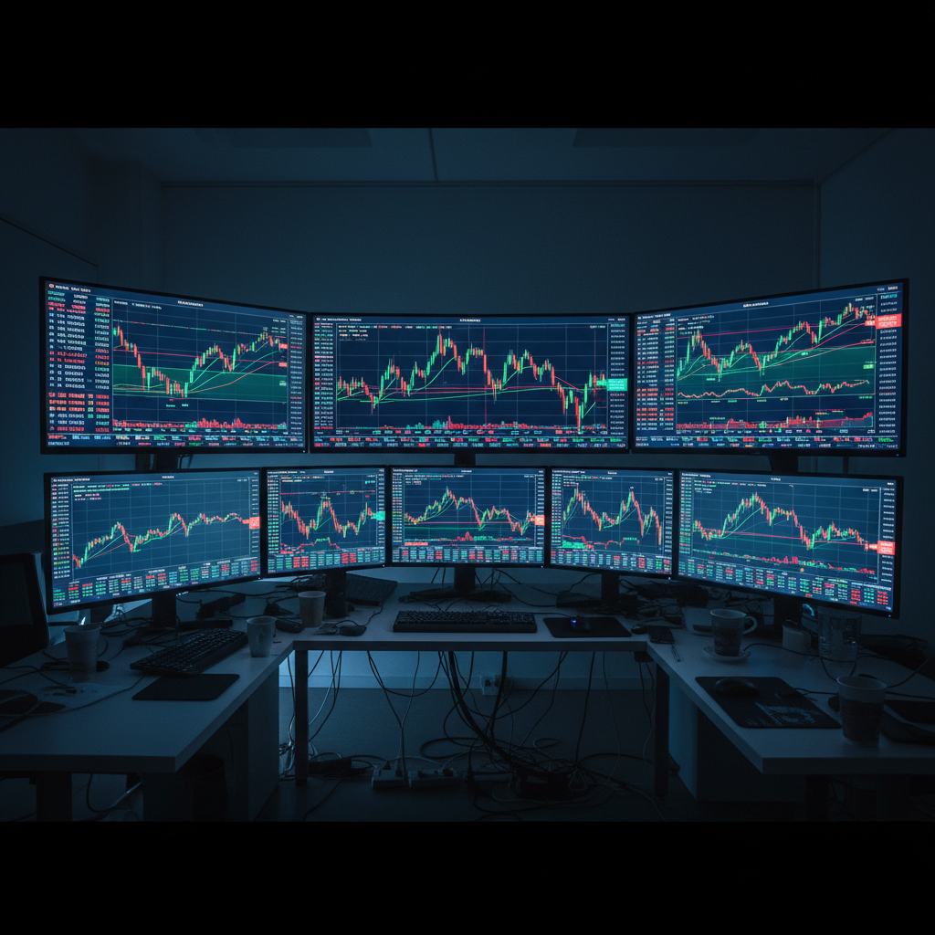 Stock market data charts on multiple monitors in bright corporate office, clean white walls, natural light