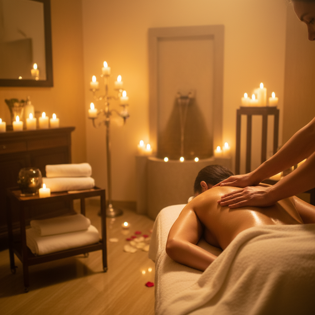 Therapist performing therapeutic hot stone massage on client in dimly lit spa with warm candlelight