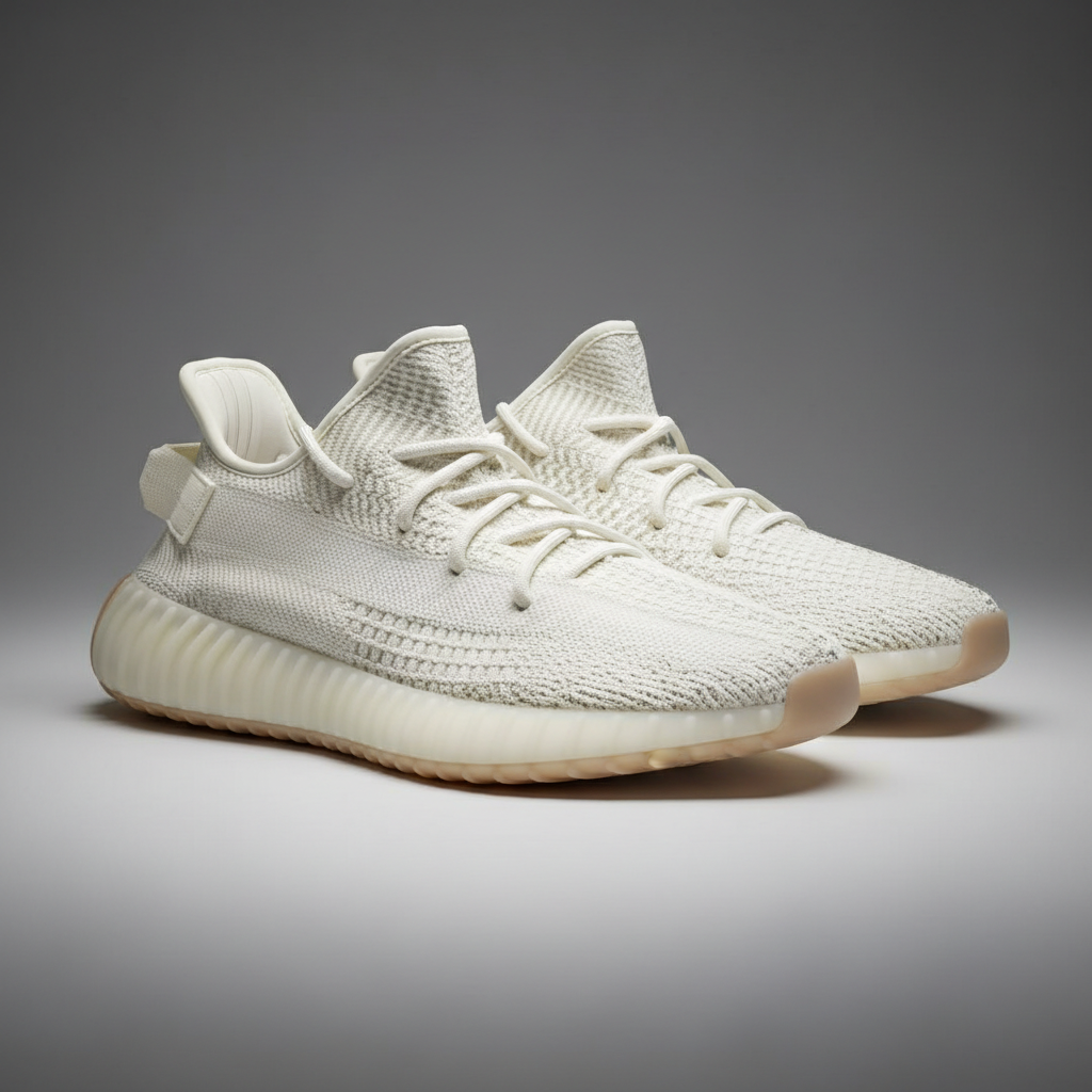 Cream Adidas Yeezy Boost 350 sneaker on minimal dark surface, product shot