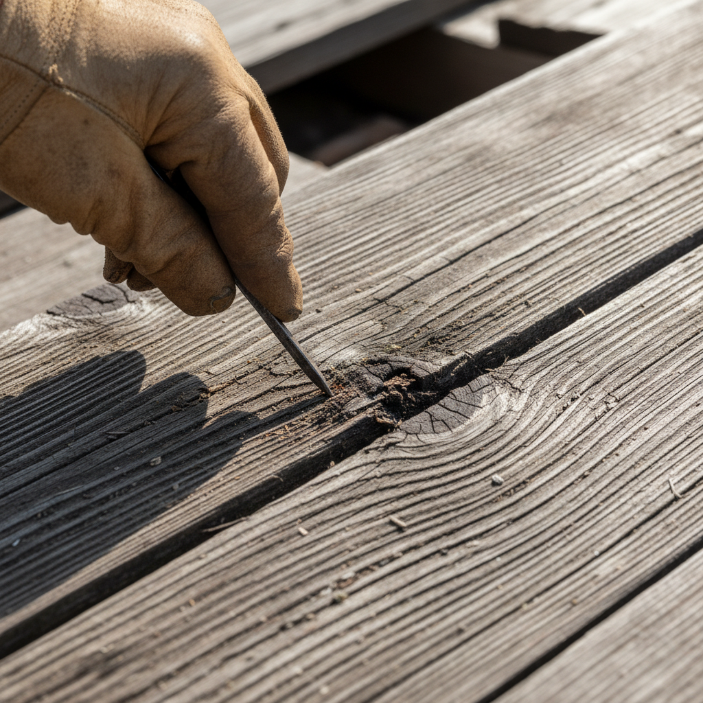 Close-up of exposed roof decking boards being inspected for rot and soft spots