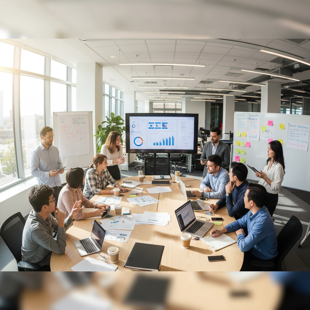 Tim bisnis sedang berdiskusi dengan dashboard operasional