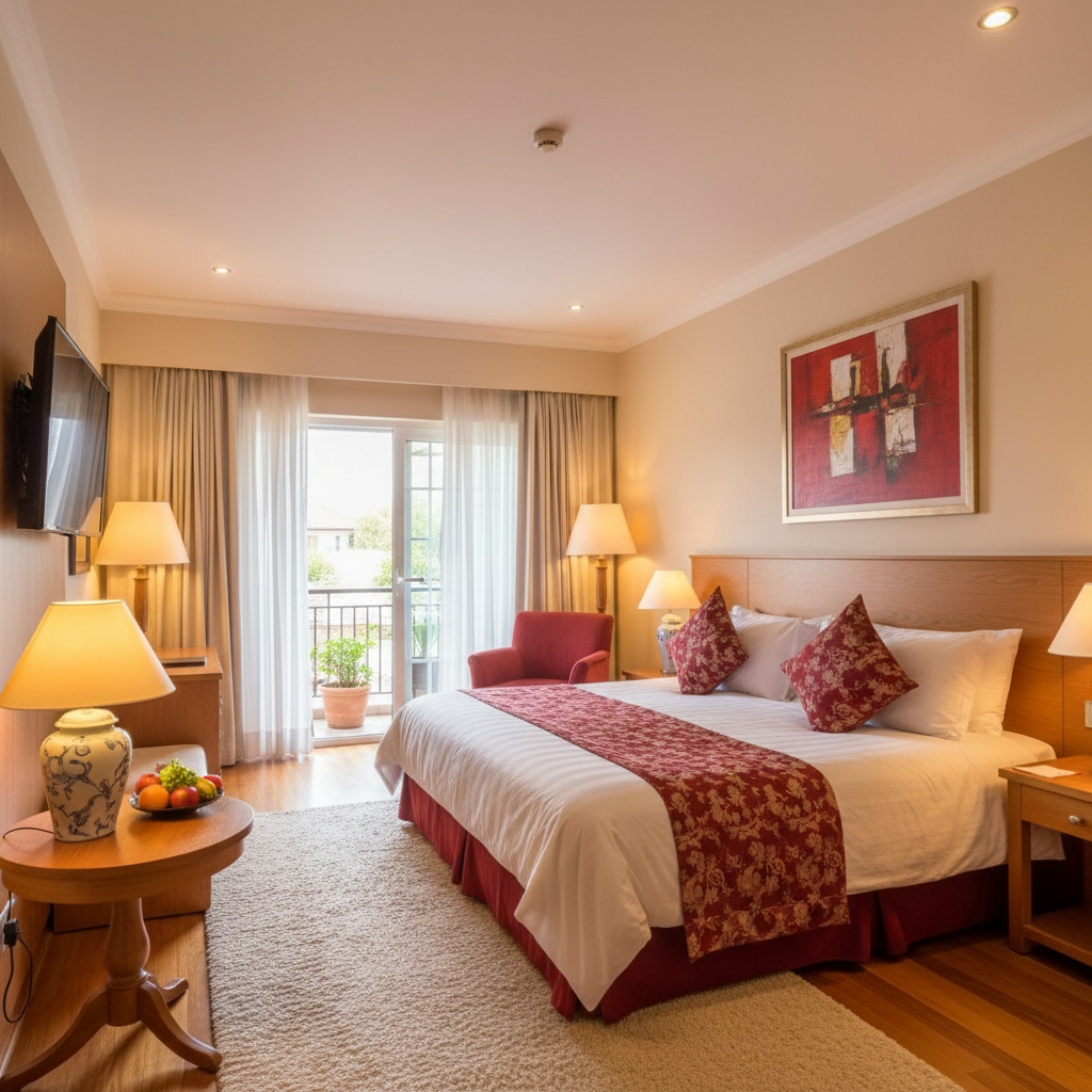 Deluxe hotel room with king bed, warm lighting, crisp white linen, bright open window