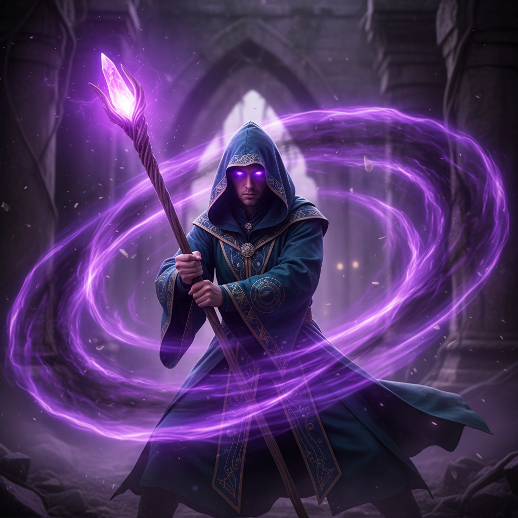 Mystical sorcerer surrounded by swirling dark cursed energy in blue and purple