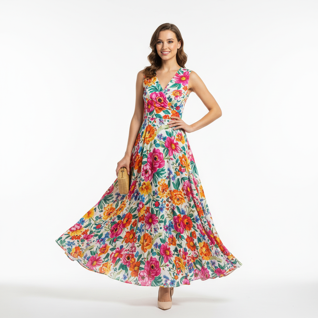 Stylish woman in flowing summer dress, bright airy studio, white walls, natural light, clean fashion editorial