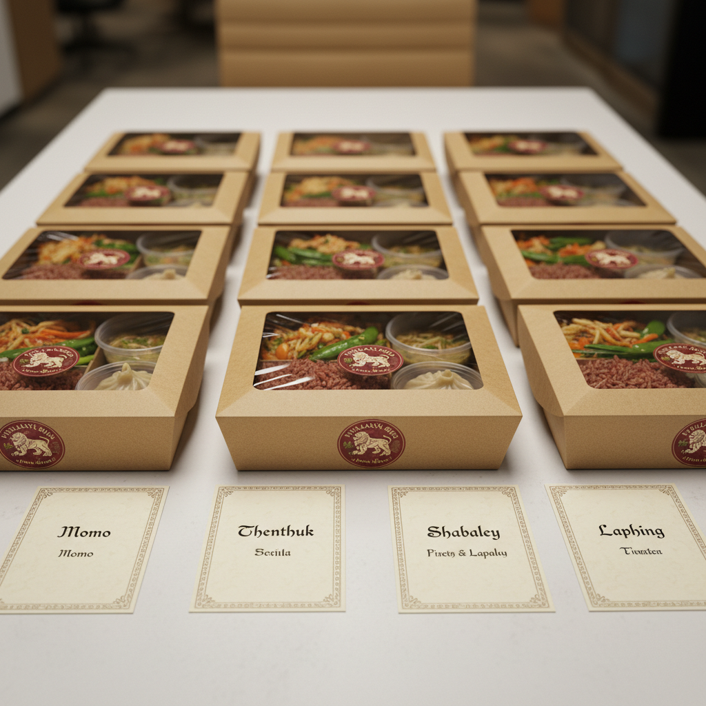 Corporate lunch spread with individually boxed Tibetan food and printed cards