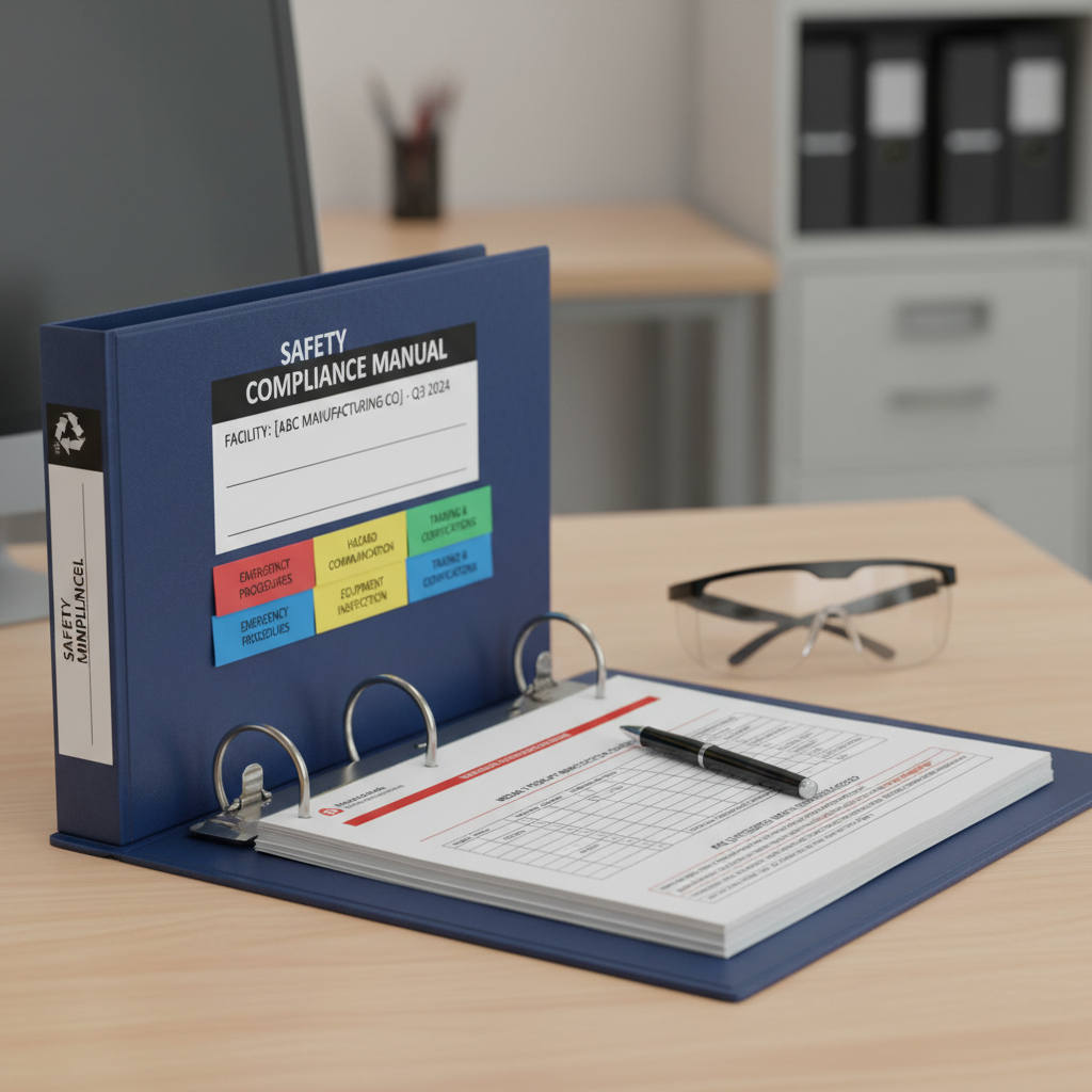 Organized safety compliance binder with tabbed sections and inspection checklists