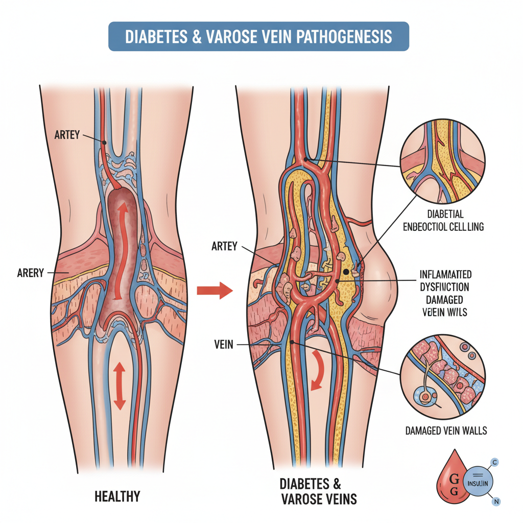 Medical illustration showing the connection between diabetes and varicose vein development in the lower extremities