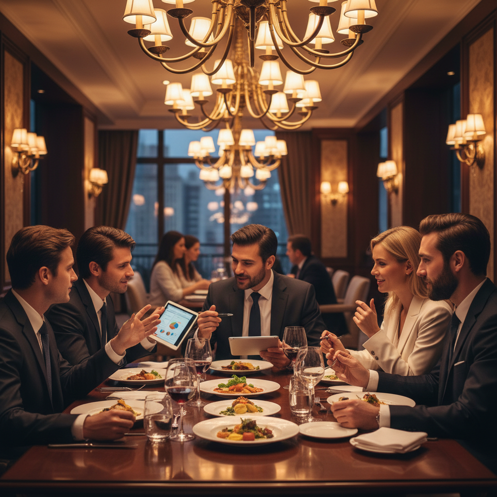 Corporate business meeting in elegant restaurant setting, dark professional ambiance, round table discussion