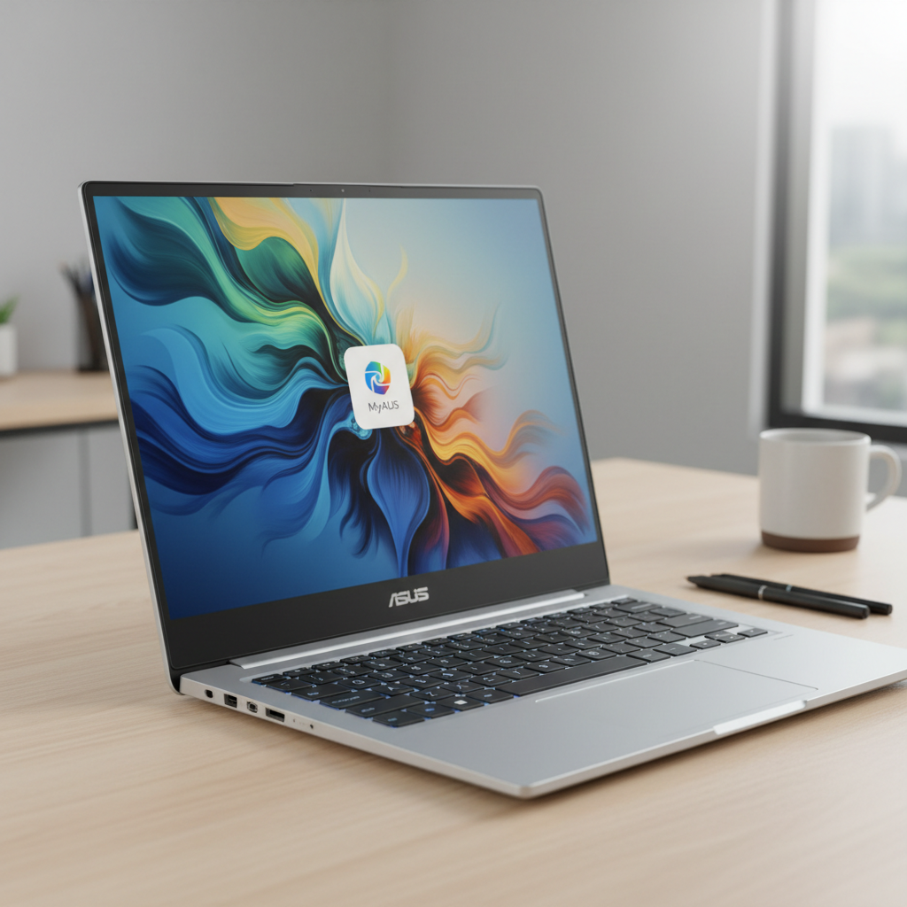 Asus VivoBook laptop open showing colorful screen on desk, slim consumer laptop for students