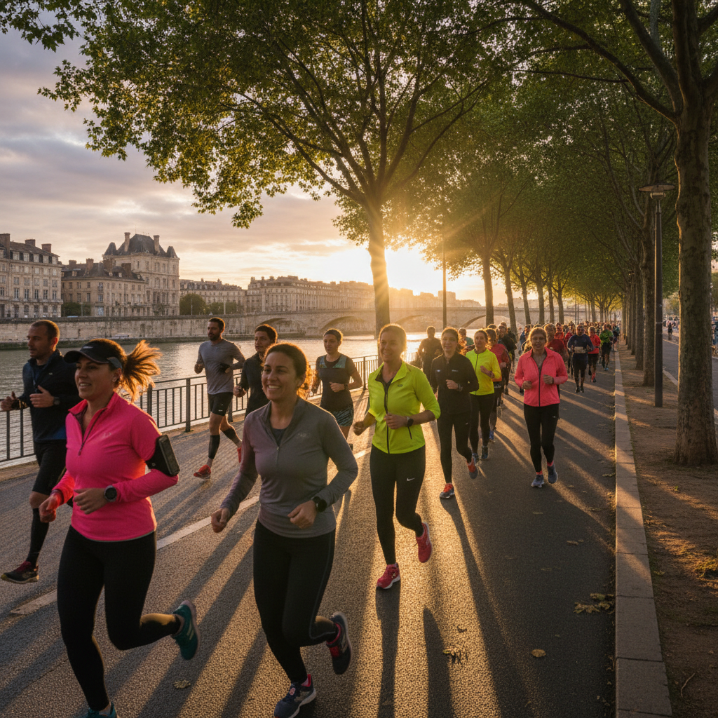 Group of runners moving together along a riverside trail at golden hour, backs visible with athletic wear, warm amber light, documentary style