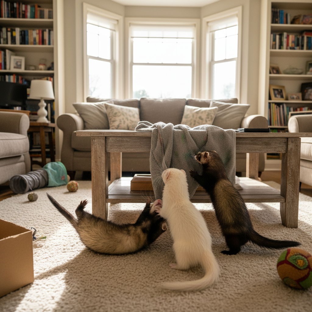 Family ferret session — three ferrets arranged together on a wooden surface, each with distinct personality visible