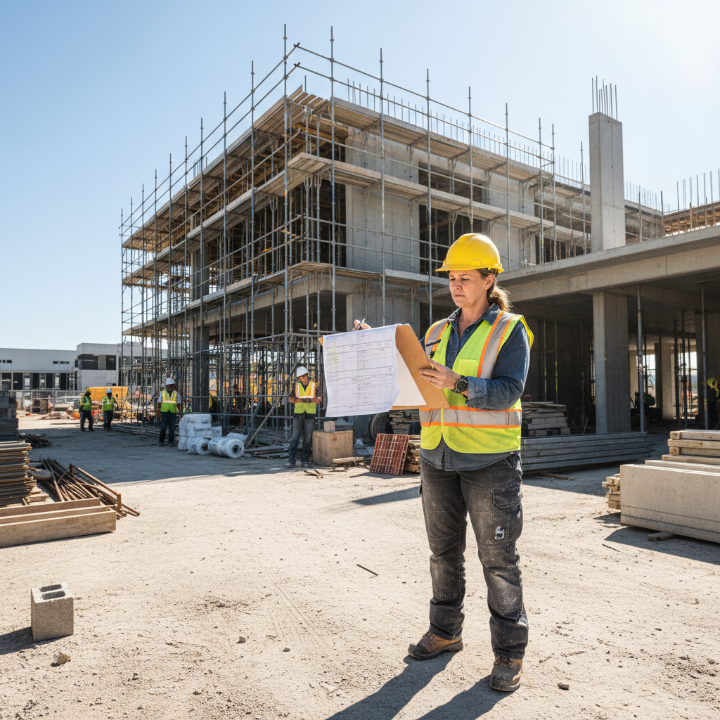 Construction superintendent reviewing project schedule on a clipboard at an active job site