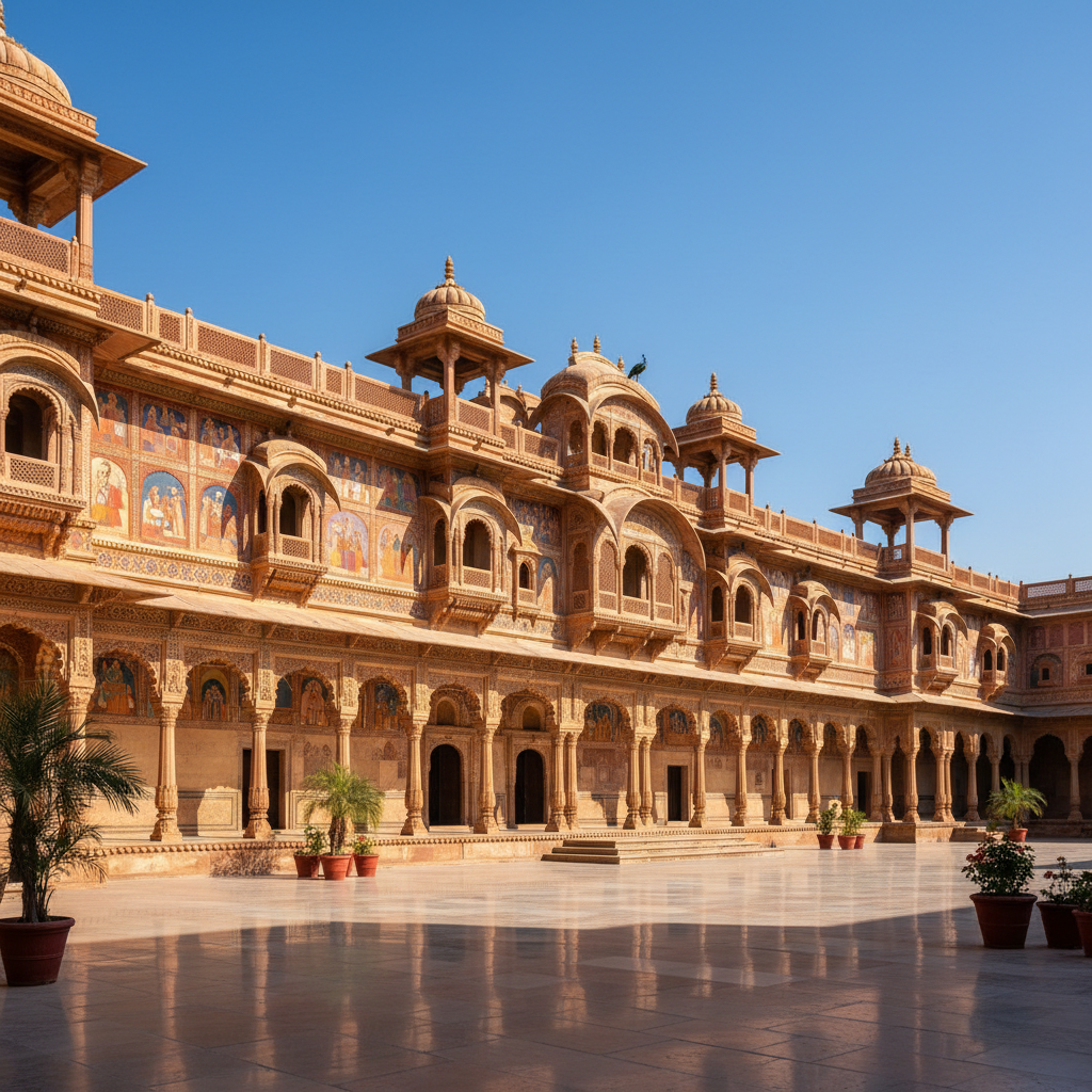 Traditional Rajasthani haveli with intricate carved arches and vibrant courtyard