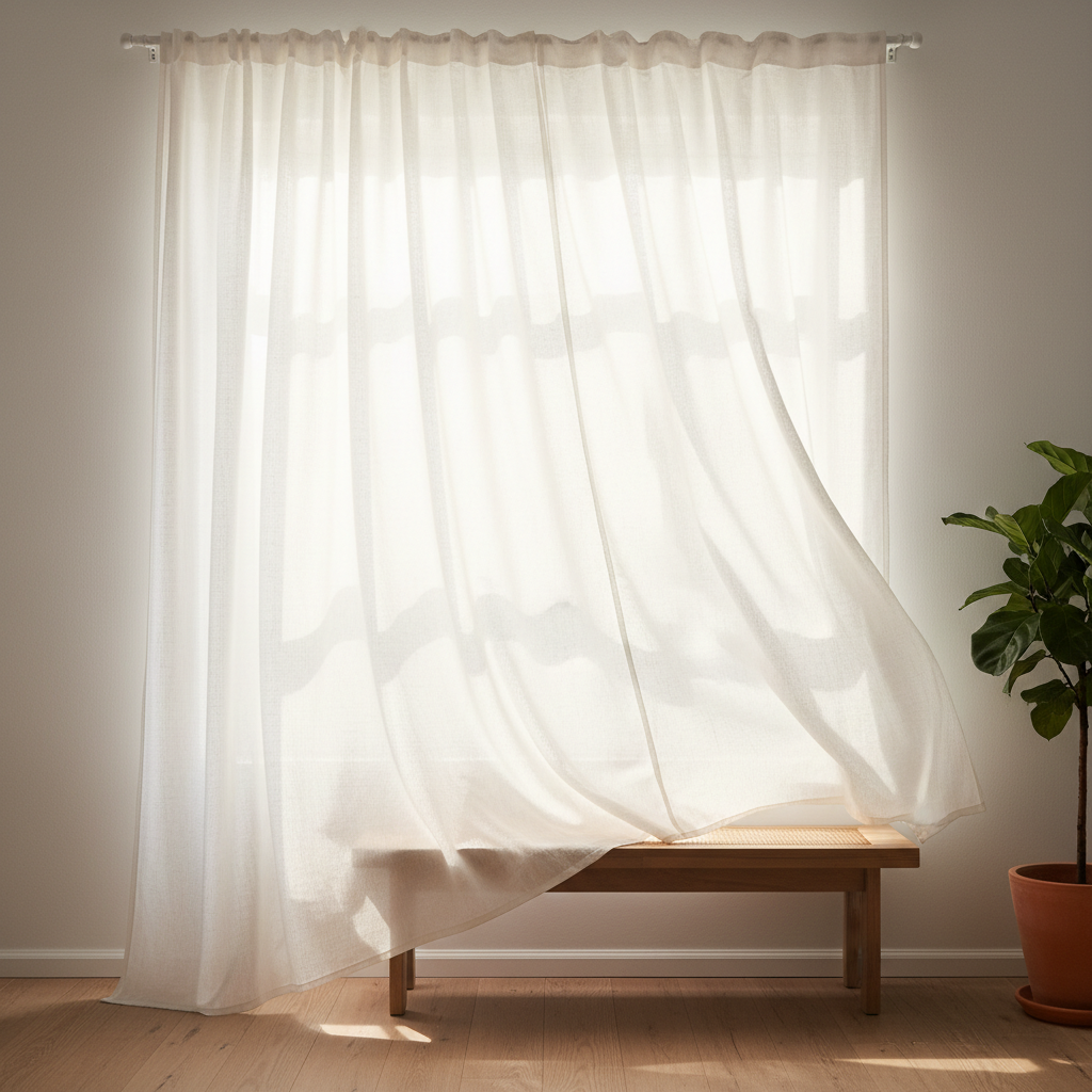Bright minimal living room with natural linen sheer curtains, golden afternoon light streaming through, white walls, airy atmosphere