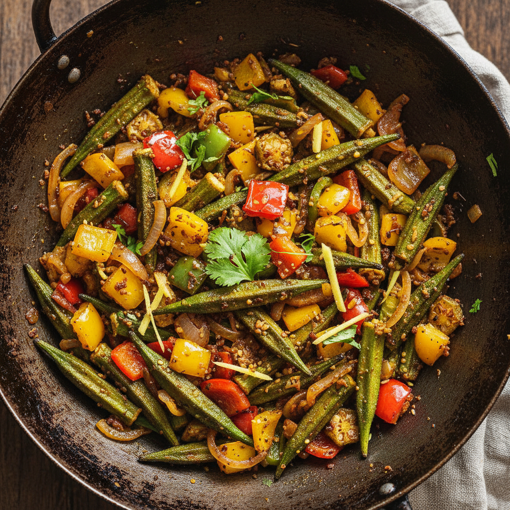 Kadai bhindi okra dry sabzi with colorful peppers in iron wok