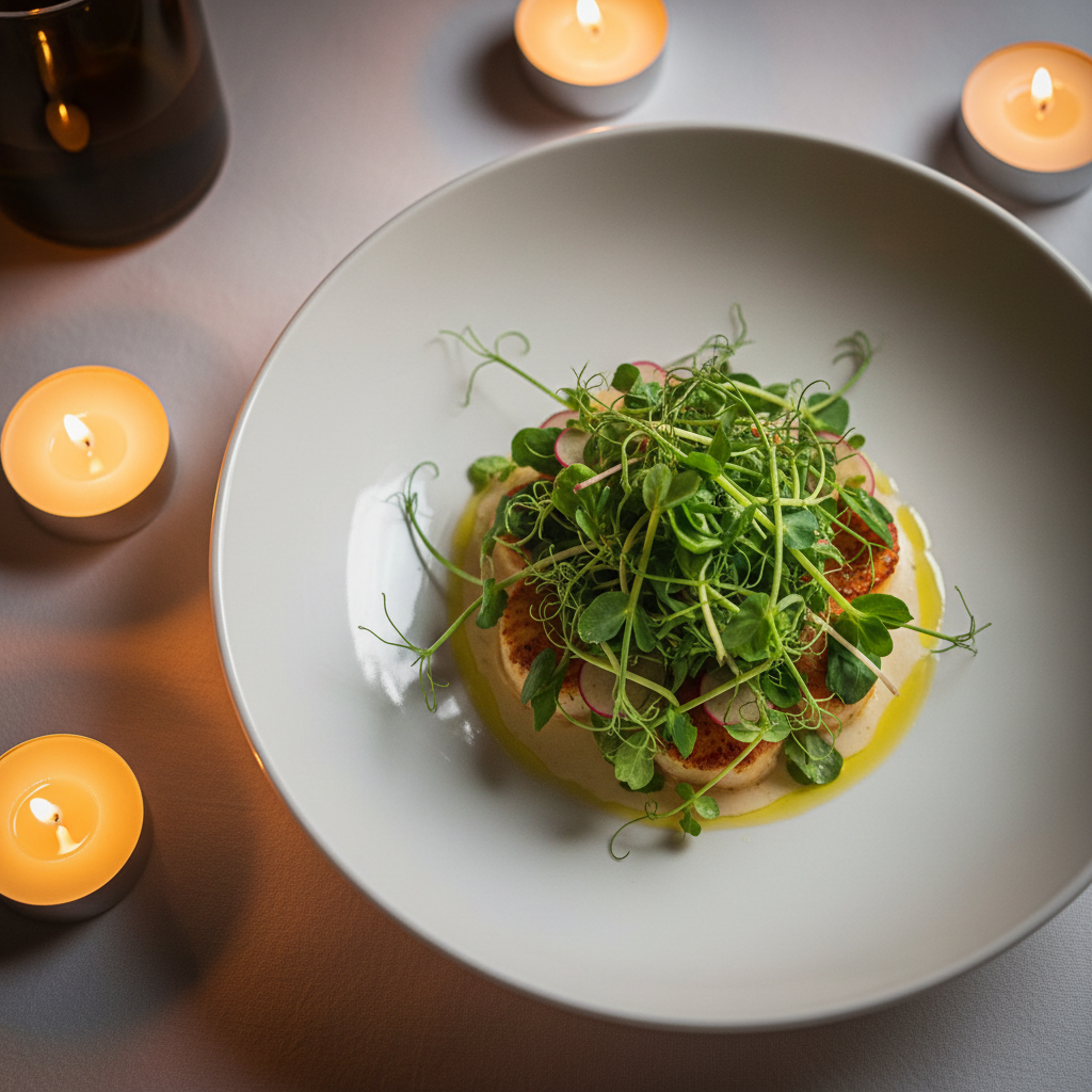 Beautifully plated fine dining dish with microgreens and golden sauce on white porcelain, professional kitchen lighting