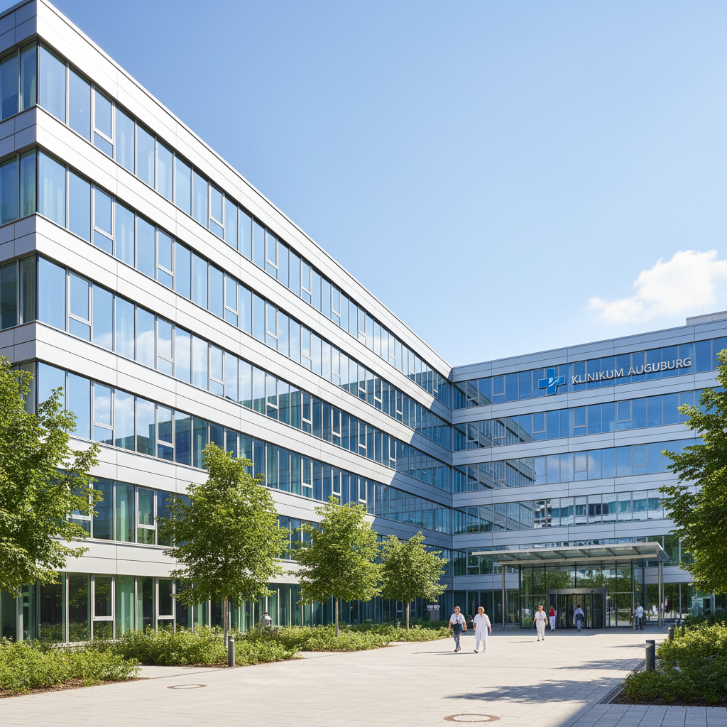 German hospital building exterior representing nursing career opportunities