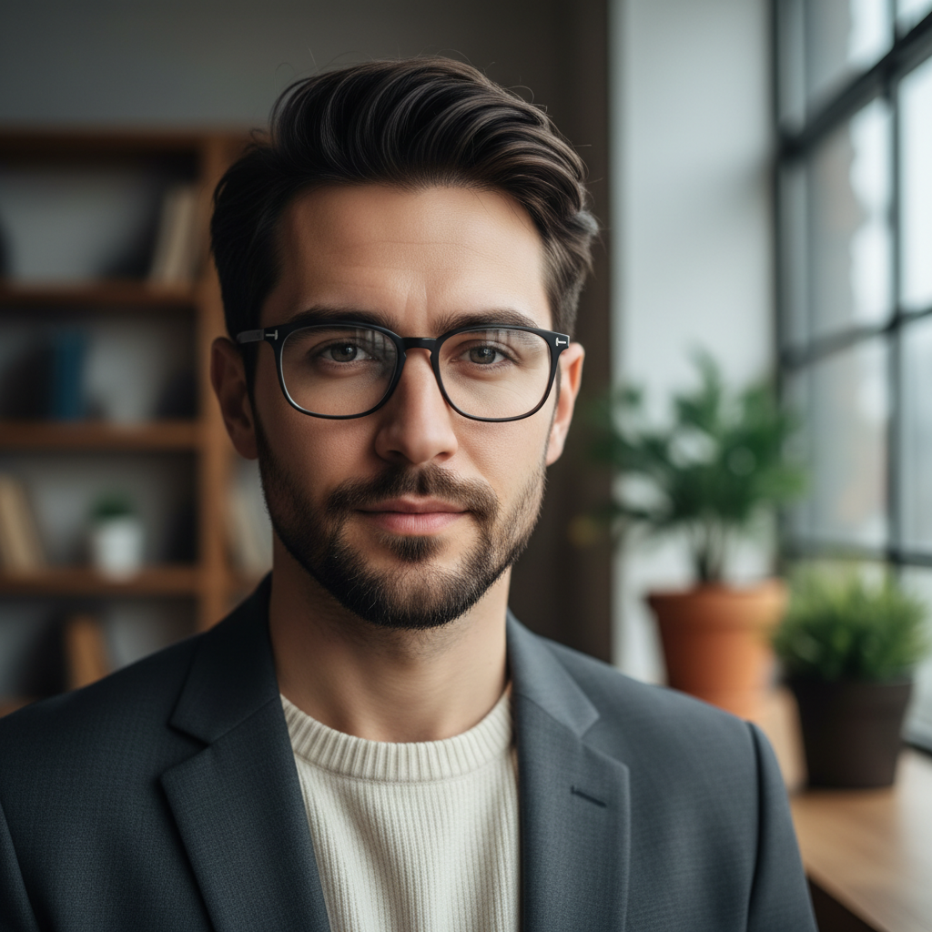 Marcus, a male designer with short dark hair and glasses, professional headshot