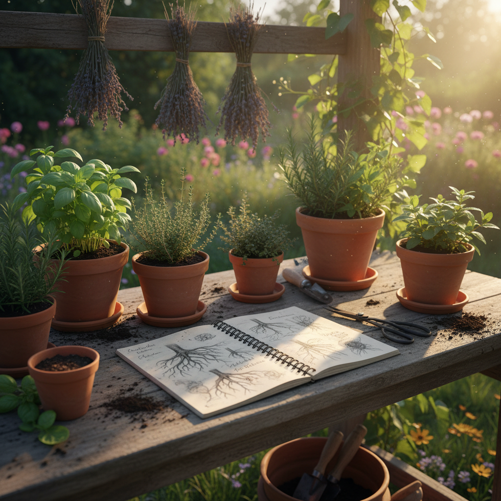 A sunlit potting bench with terracotta pots of herbs, a soil-stained notebook open to sketched root diagrams, dried lavender bundles hanging above