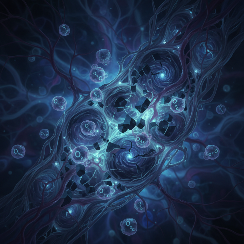 Bright blue oxygen molecules visualization, glowing scientific illustration on dark background