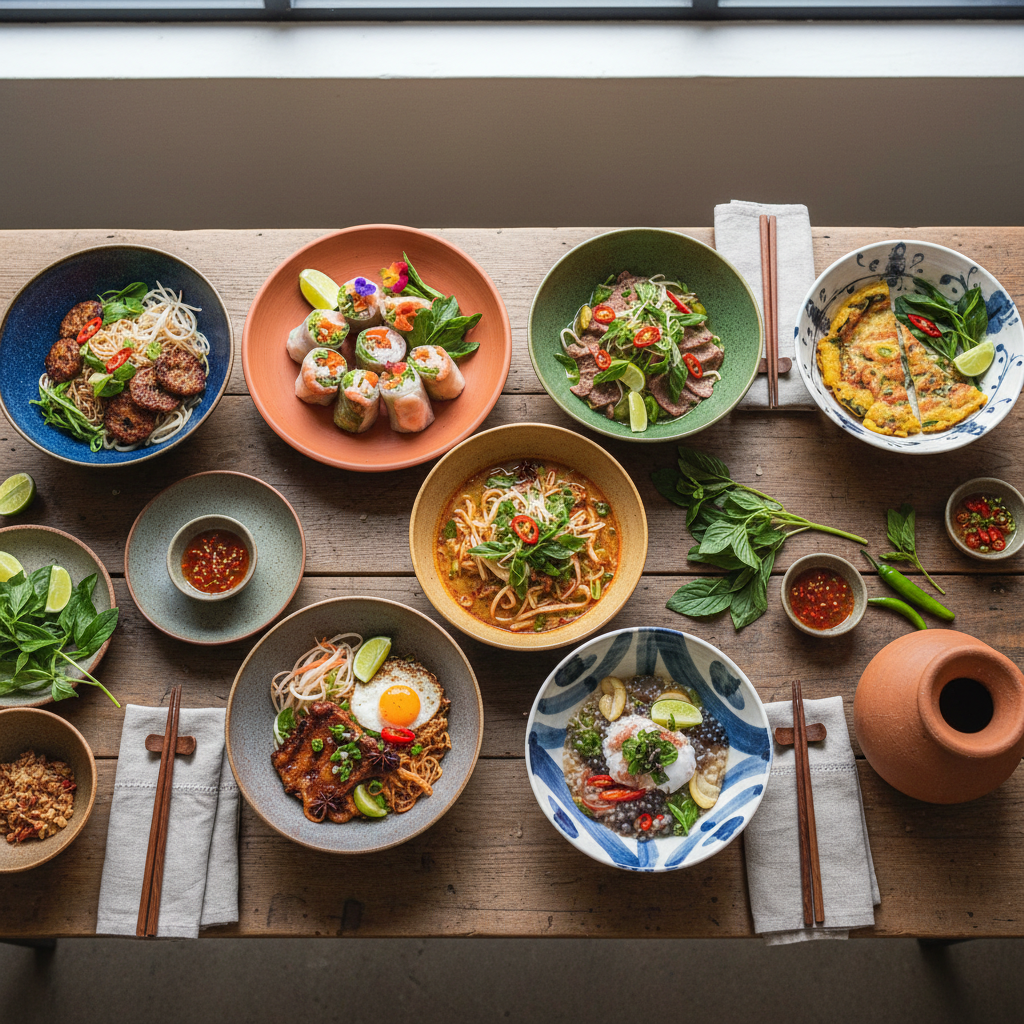 Overhead view of a communal table with eight different handmade Vietnamese bowls — each student's creation unique in garnish and presentation