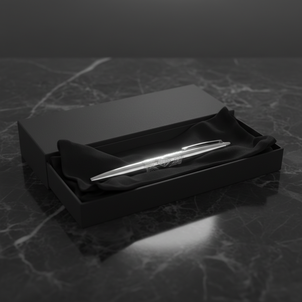 Matte black presentation box on dark marble, tissue paper parted to reveal an engraved chrome object catching light