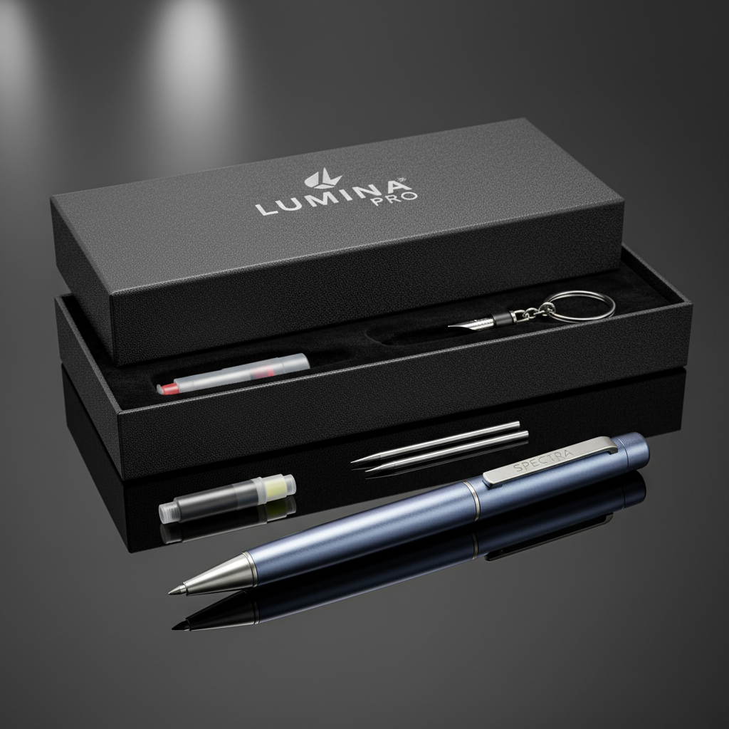 Premium ballpoint pens in gold and black arranged in gift box packaging for retail