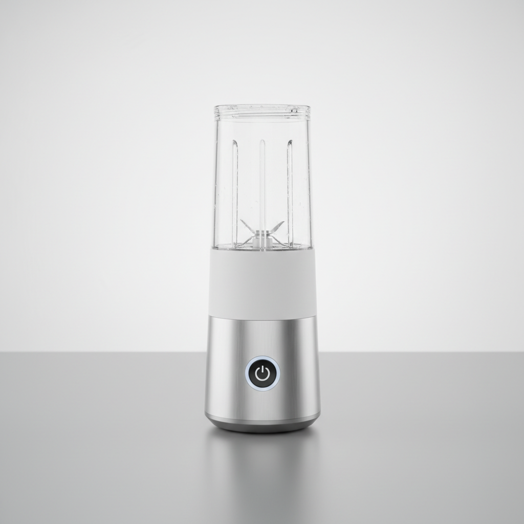 Compact portable blender in teal color on white background