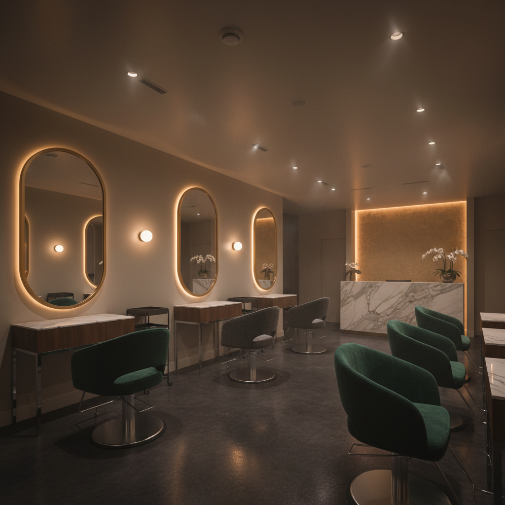 Luxury salon interior with soft lighting, dark walls, and elegant styling stations