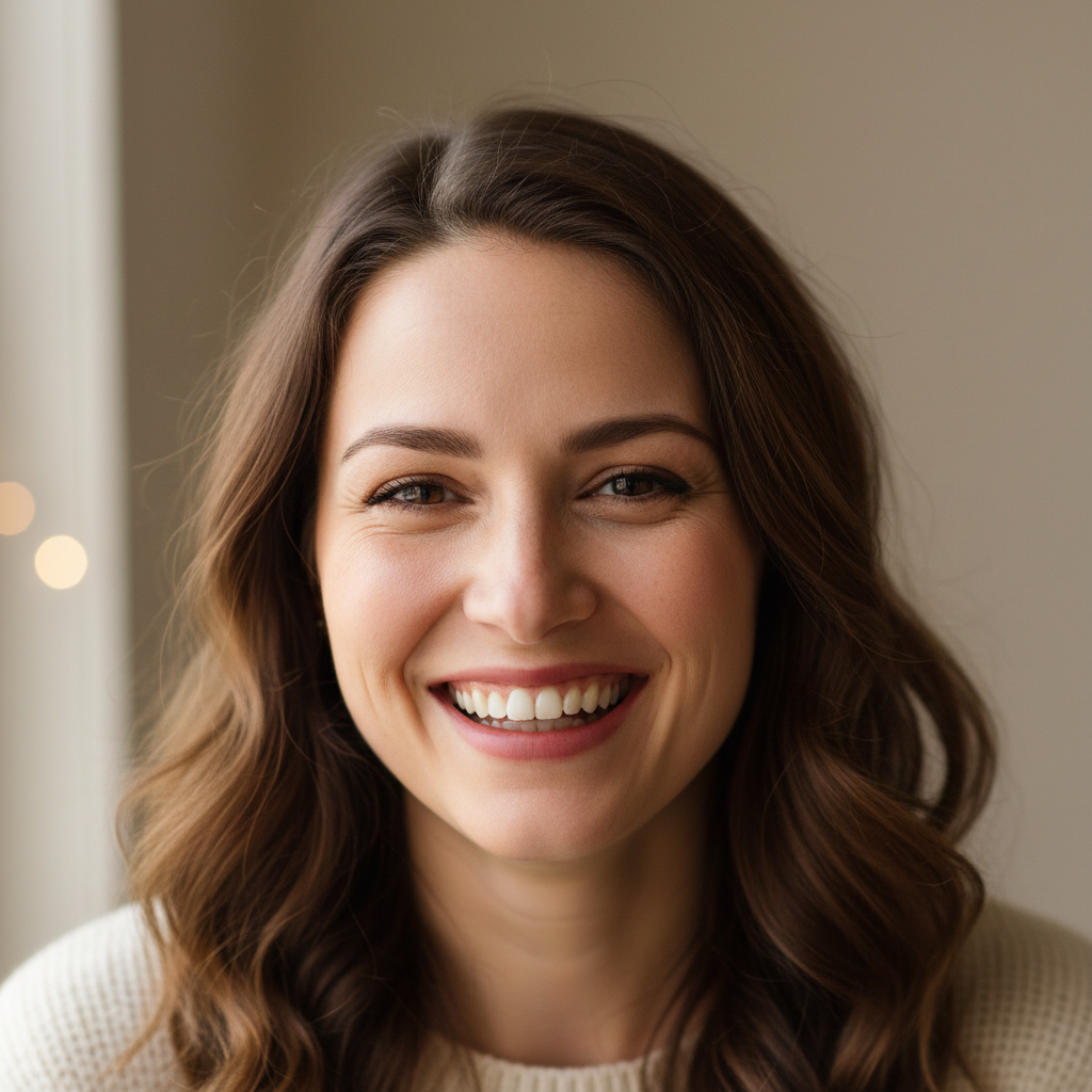 Smiling woman with warm expression, bright neutral background