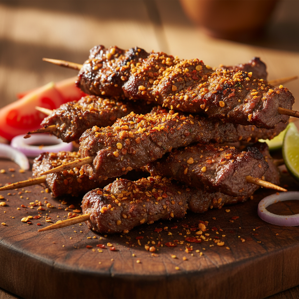 Golden grilled Nigerian chicken pieces with suya spice marinade, appetizing dark plate presentation