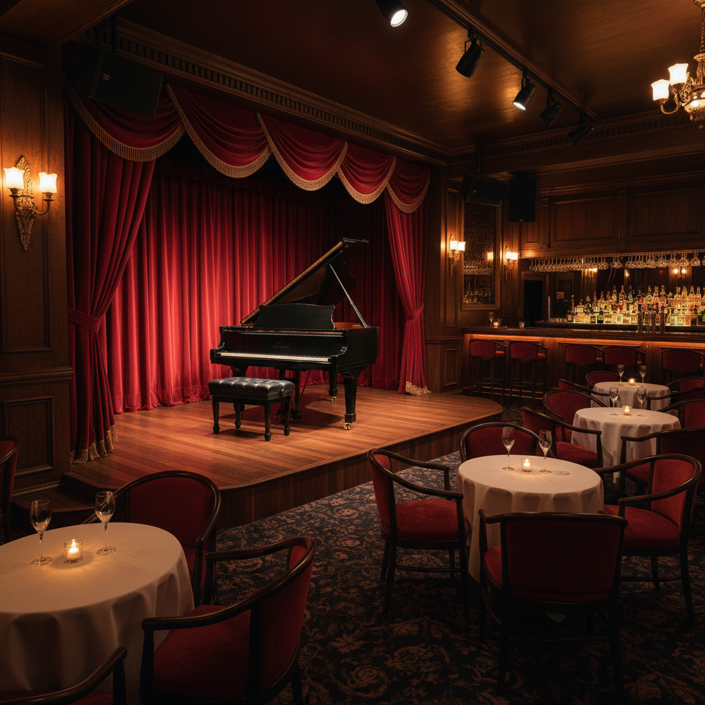 Dimly lit jazz club with warm amber stage lights, empty chairs, intimate dark atmosphere