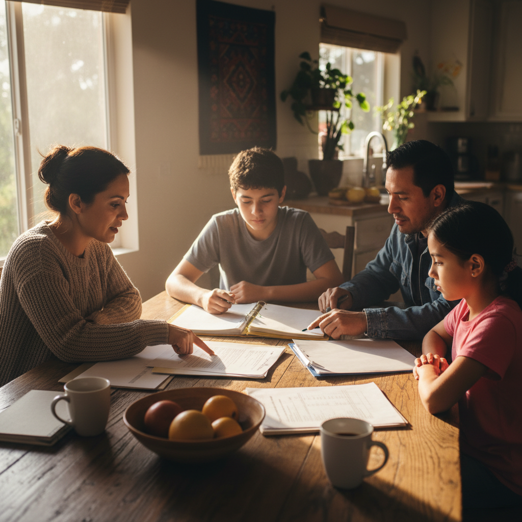 Family sitting together at a kitchen table, looking at documents, warm lighting