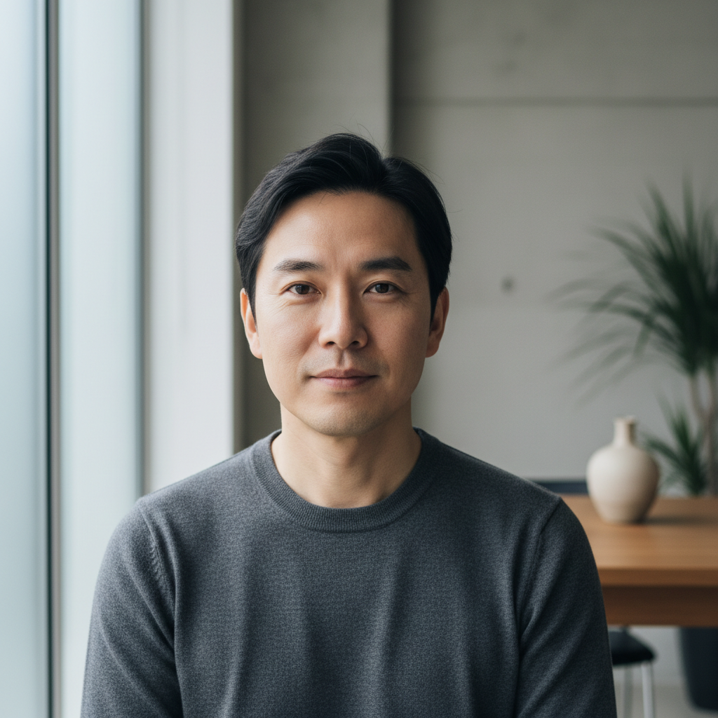 Portrait of Kenji Watanabe, sound artist from Japan, calm composed expression