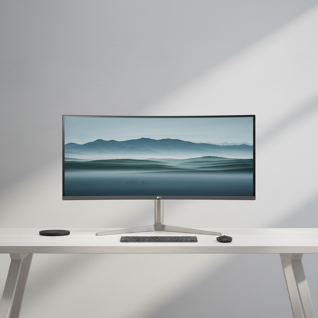 Ultrawide curved monitor displaying colorful productivity software on white desk