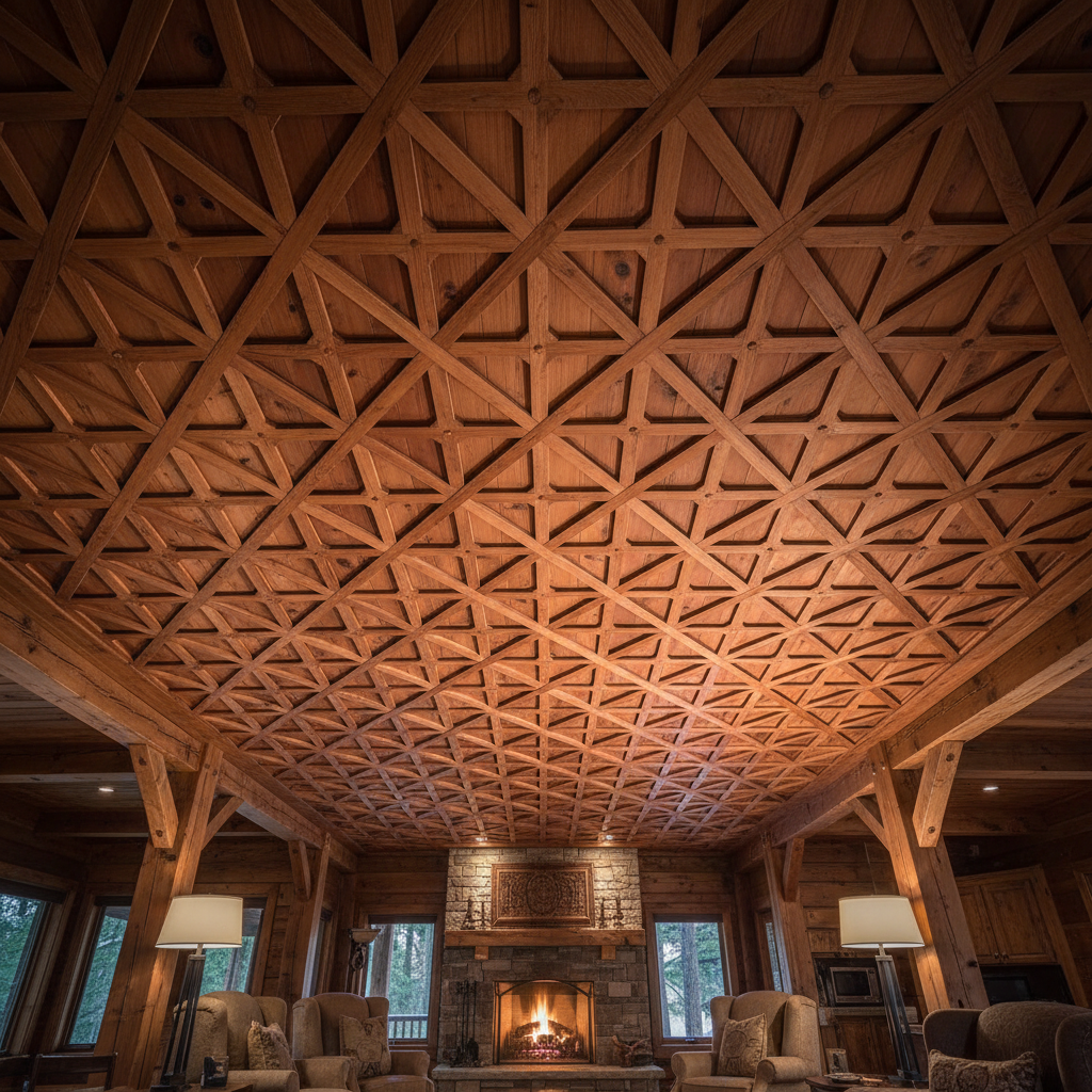 Hand-carved cedar ceiling with intricate geometric patterns casting warm shadows in the Heritage Cedar suite