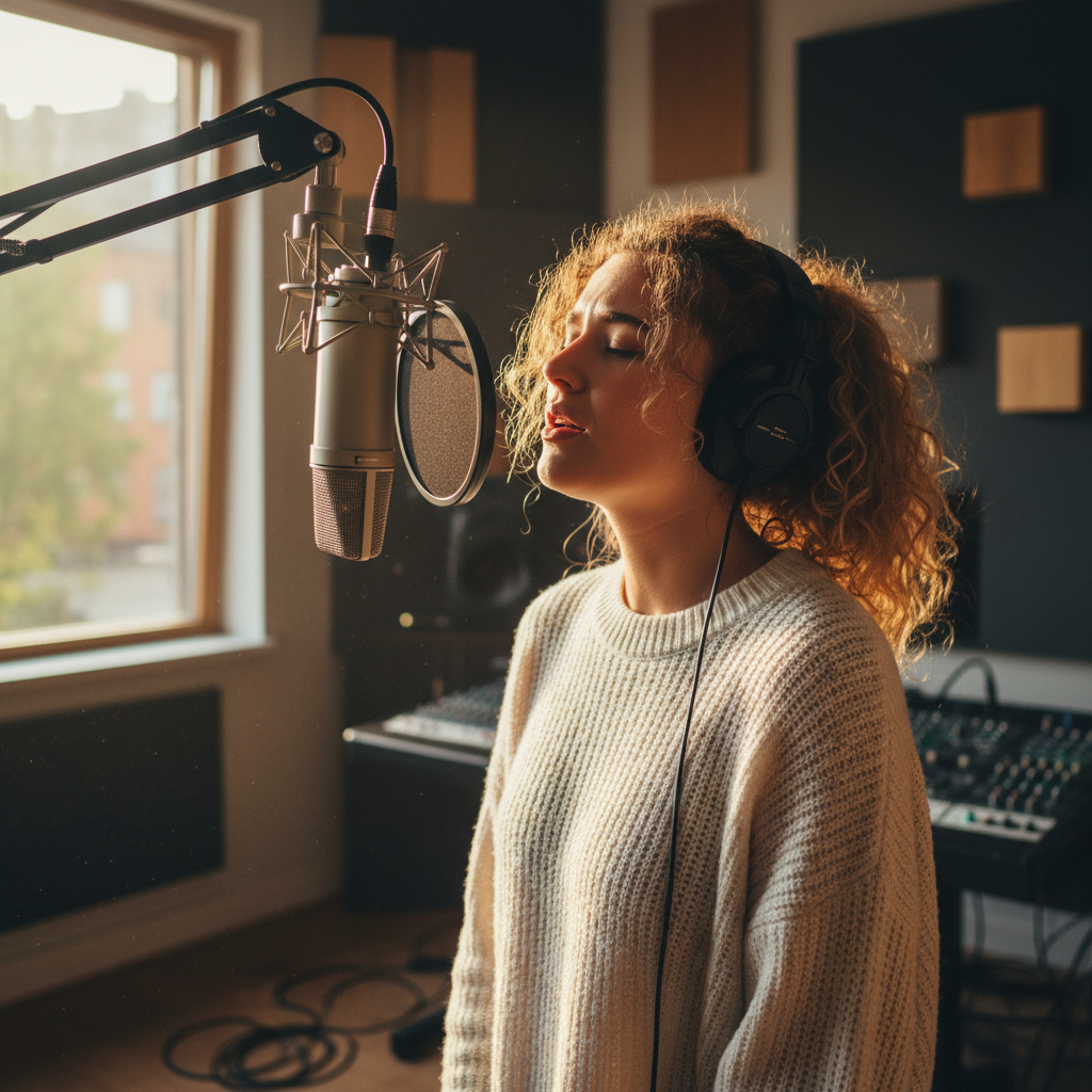 Person singing and practicing vocals with a microphone in a home studio setting, warm ambient lighting