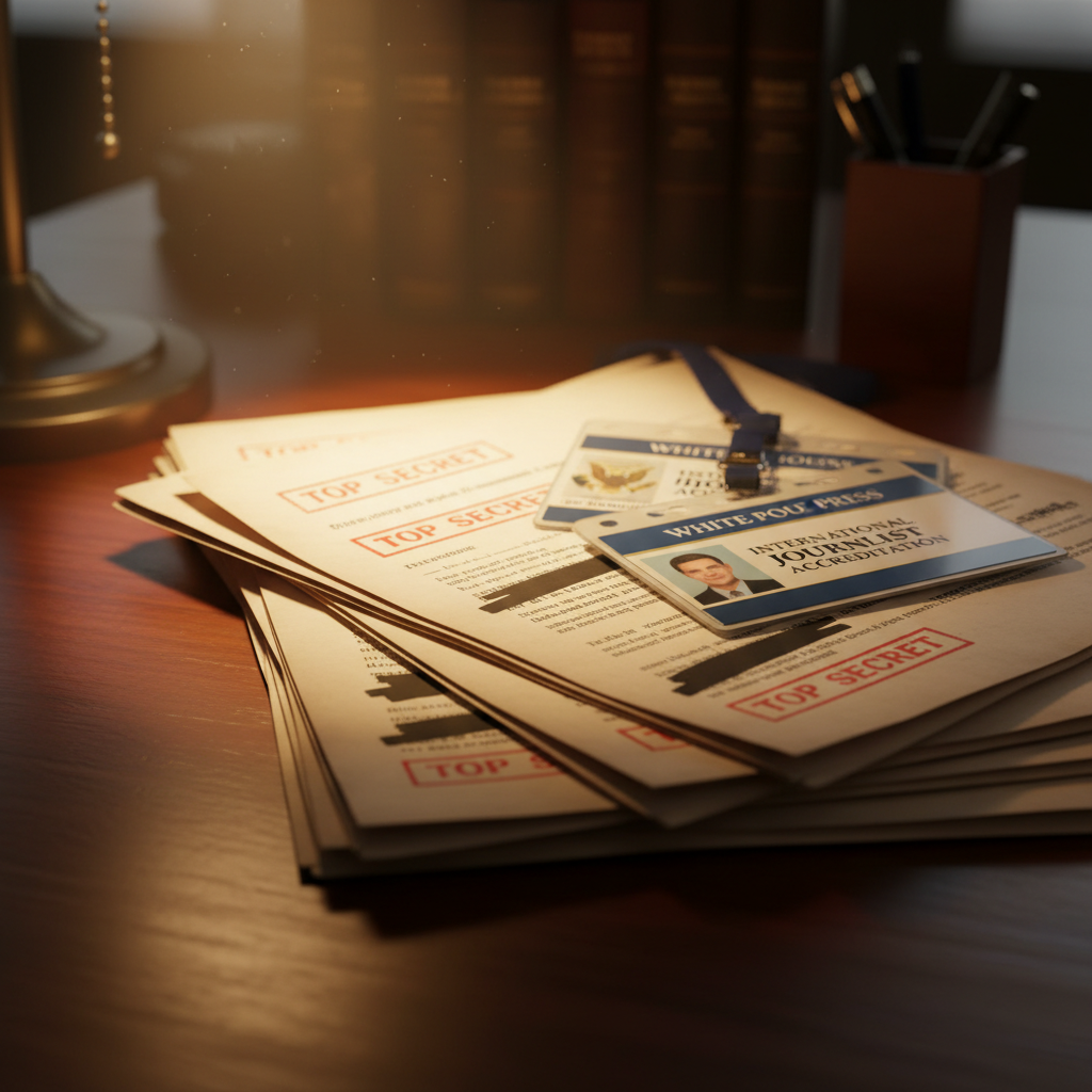Stack of classified documents and press credentials on a mahogany desk under a single lamp