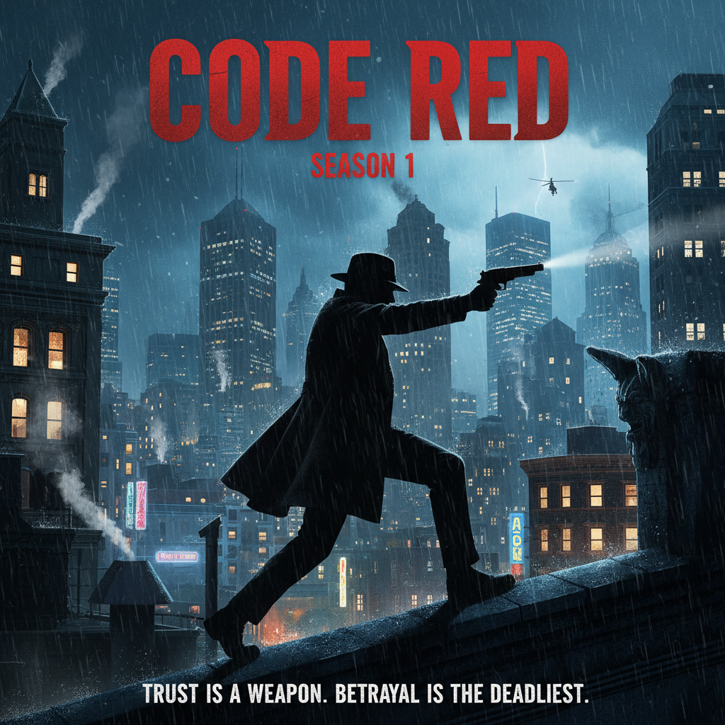 High-octane action set — dark night urban scene, dramatic artificial lighting, deep shadows, cinematic spy thriller atmosphere