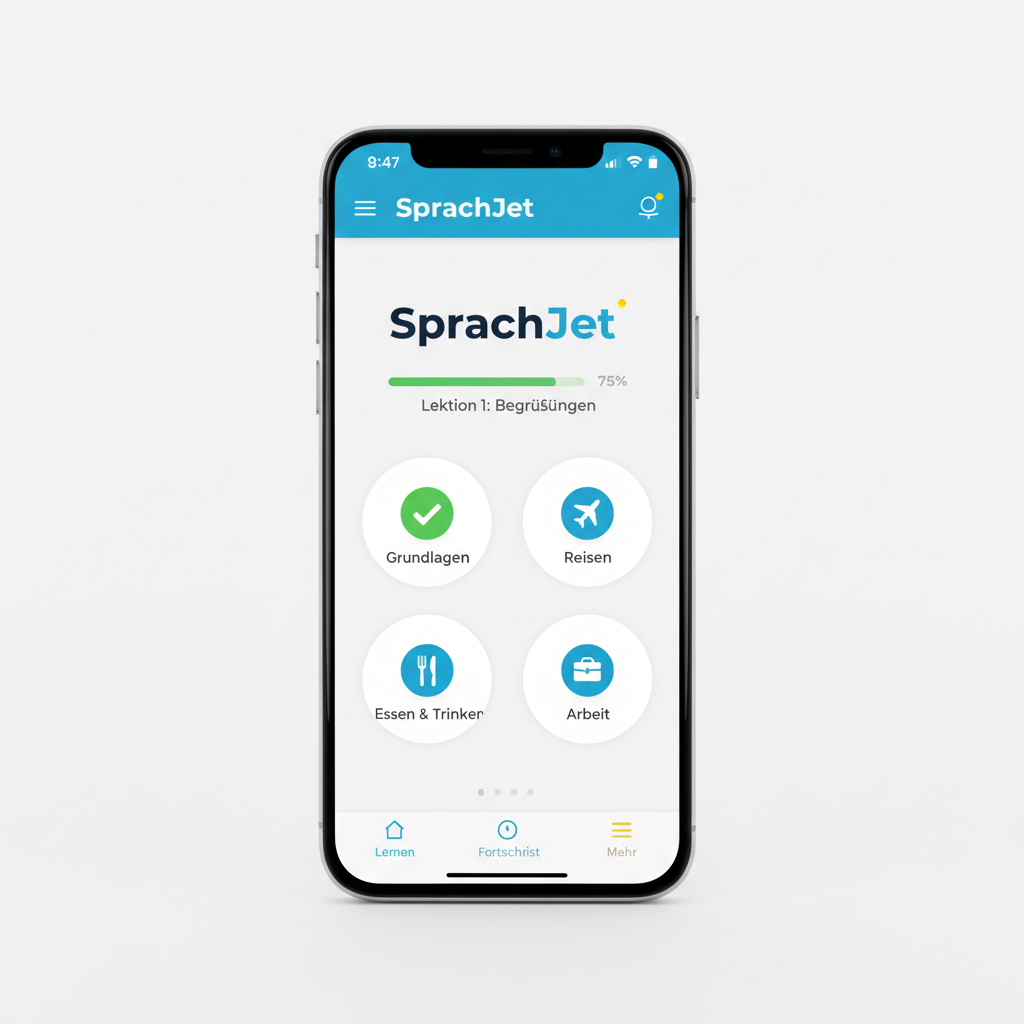 SprachJet mobile app screenshot showing German language learning interface