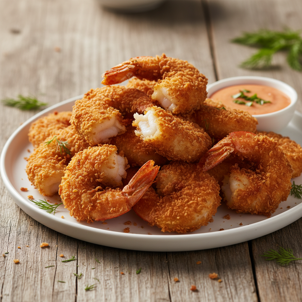 Golden crispy breaded shrimp plated on dark ceramic with dipping sauce, dramatic side lighting, deep moody background