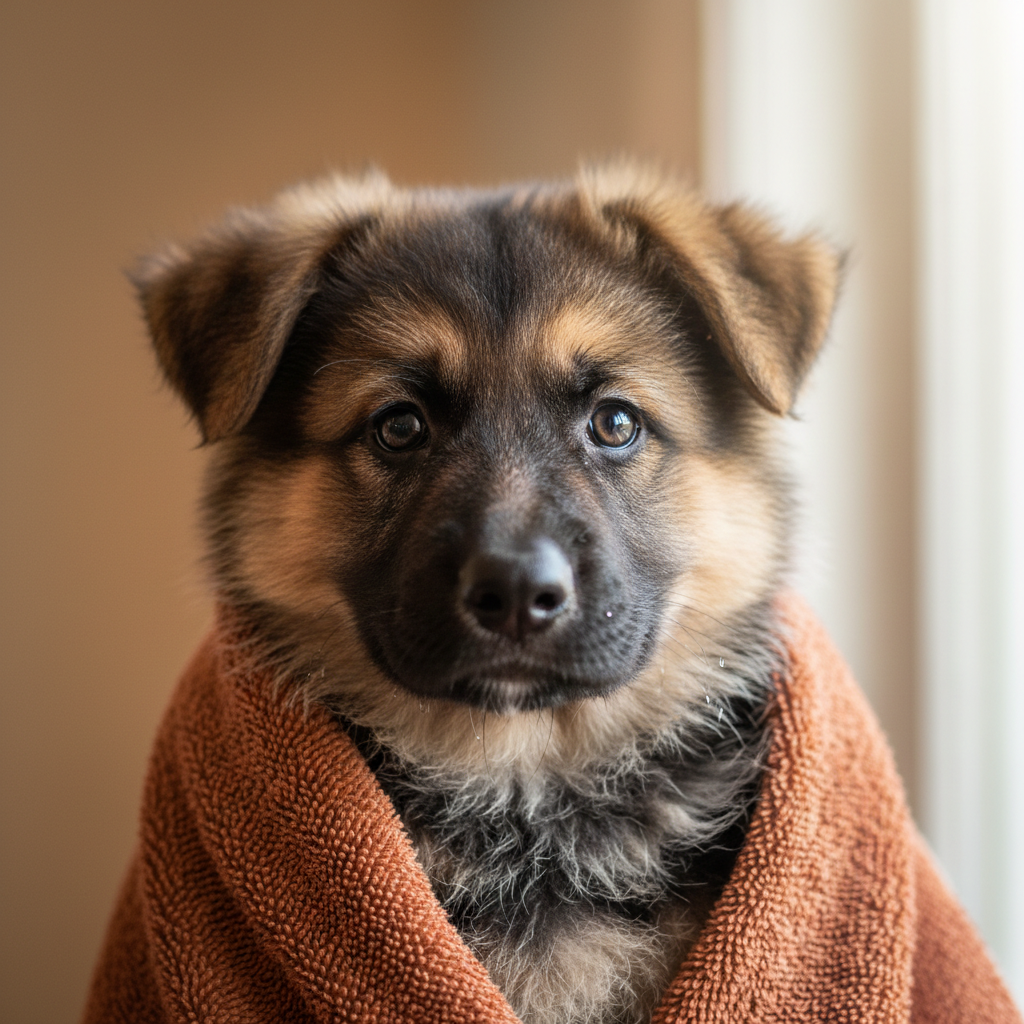 German Shepherd puppy first groom, fluffy coat, bright curious eyes, terracotta towel