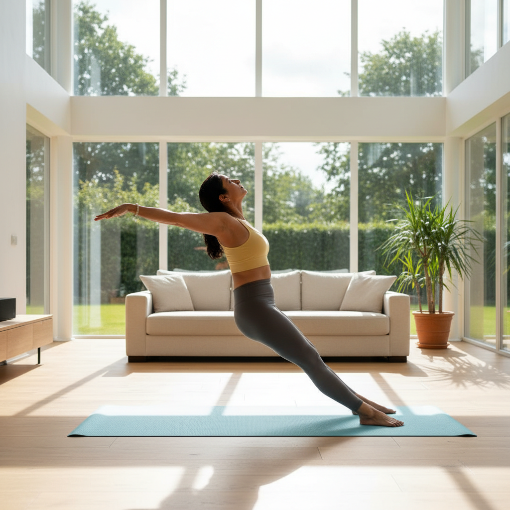 Person doing morning stretch routine on yoga mat, warm golden light, peaceful home
