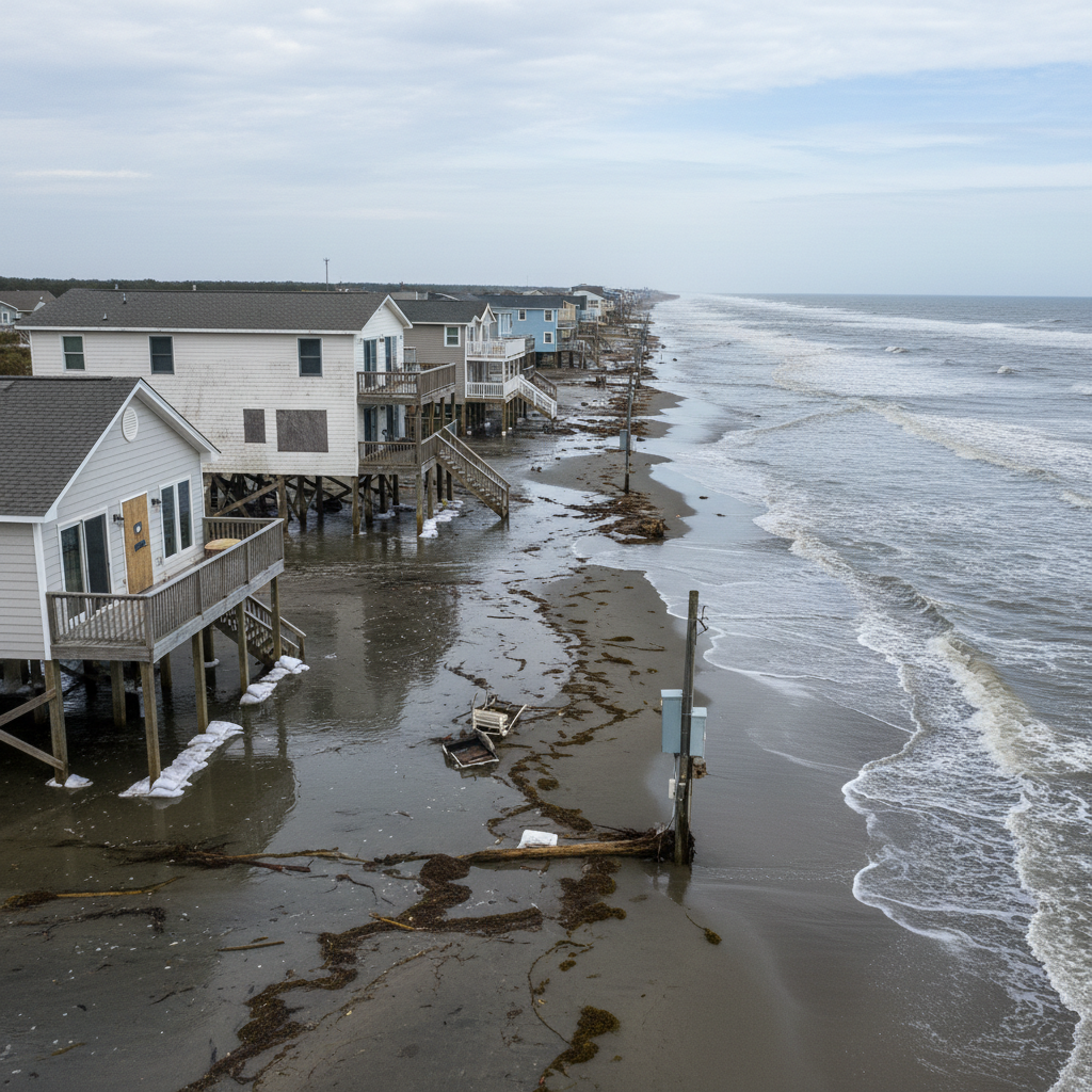 Coastal beach homes near ocean water in North Carolina showing flood and coastal insurance risk
