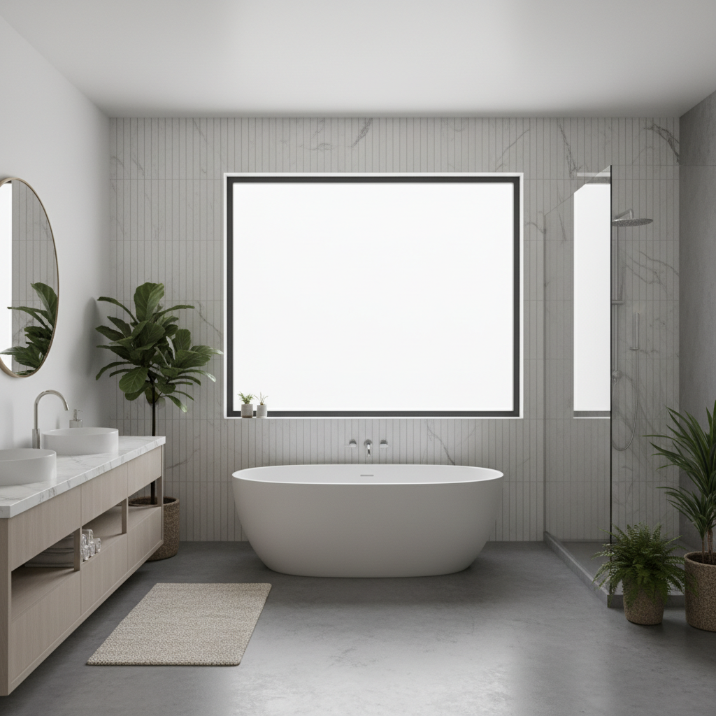 Primary bathroom with freestanding soaking tub, travertine walls, and natural light from skylights