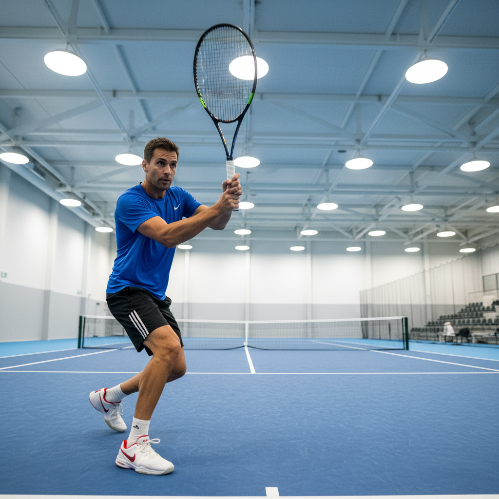 Tennis player performing a backhand unit turn drill on an indoor court