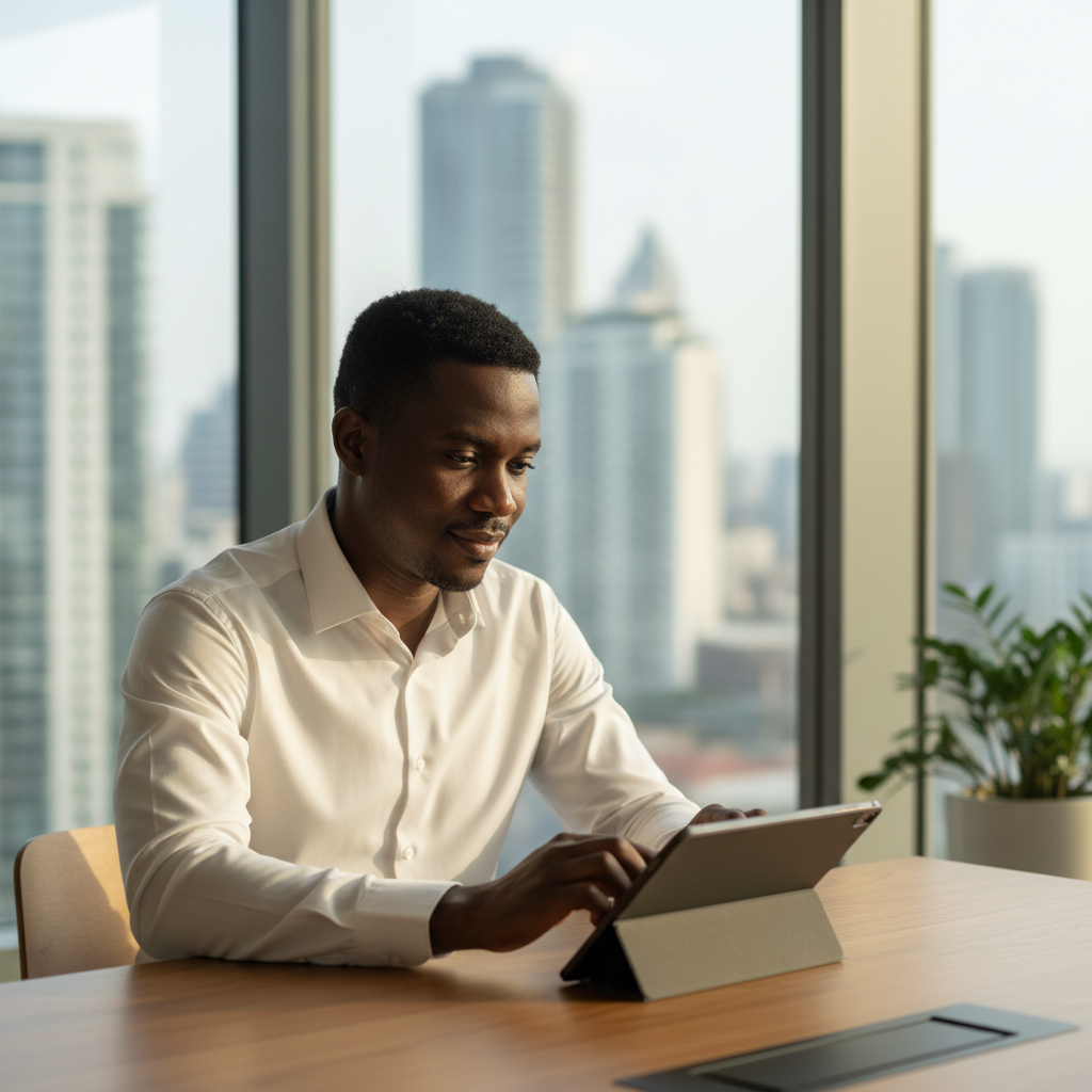 Professional Nigerian man in a crisp white shirt seated at a modern desk with city view